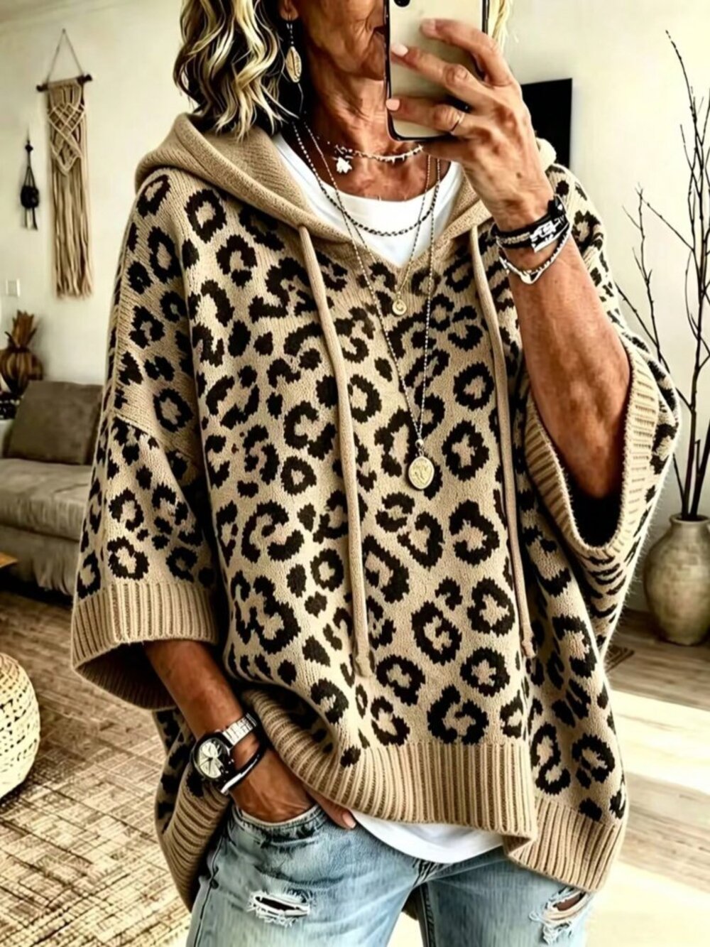 Khaki Casual Women's Loose Hooded Pullover Top